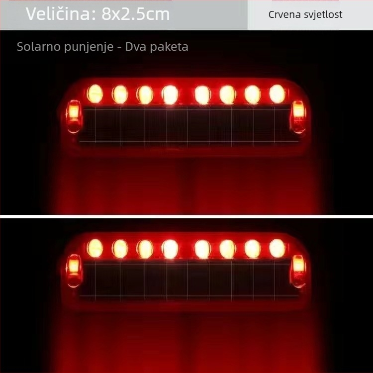 LED stražnje svjetlo za motocikl s solarnim napajanjem, model 8 LED, kućište od ABS-a + solarni panel za pohranu energije, 3V, 0.2A