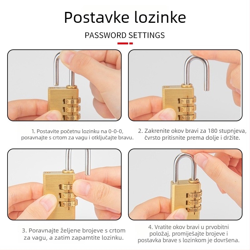 Prilagođena tvornička mesingana kombinirana brava 20|30|40 mm – za prtljagu, ormariće, ladice i ruksake
