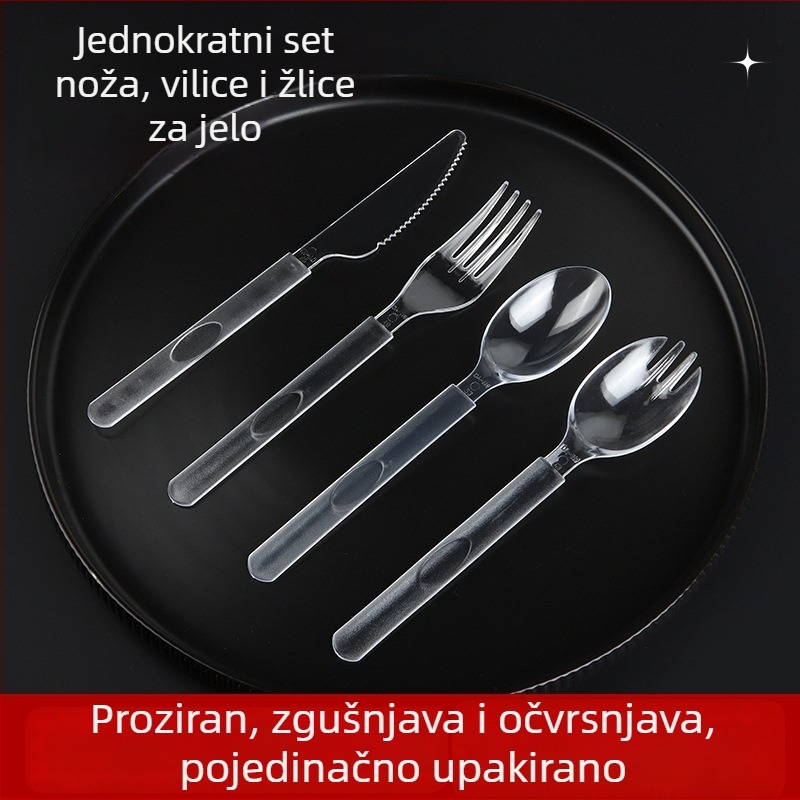 Jednokratni plastični pribor s dugim ručicama, debeli američki stil žlica, vilica i nož, pojedinačno pakirano, 100 komada u paketu