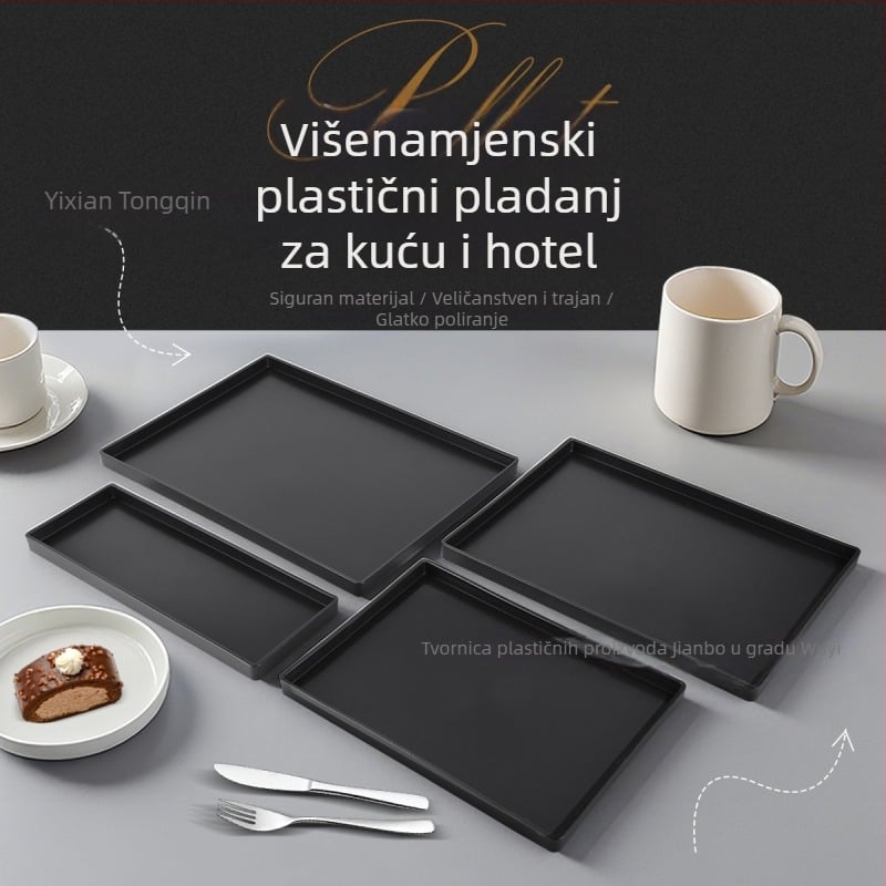 Pladanj od plastike – pravokutni, moderan jednostavan dizajn, elektroplatirana površina, pogodan za hotele i posluživanje hrane, moguć tisk logotipa (Elektroplatirana površina, Tisak logotipa, Prilagodba, Hoteli i posluživanje hrane)