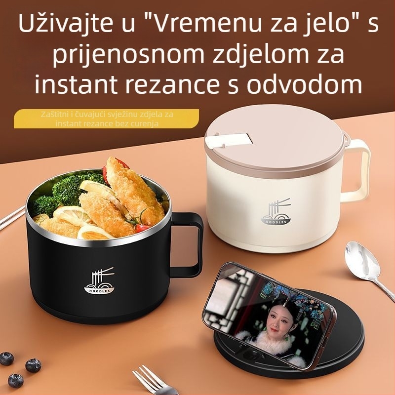 Nerđajuća čelična zdjela za rezance s odvodom, jednostavan stil, pogodna za studentski dom i ured, mikrovalna pećnica nije prikladna