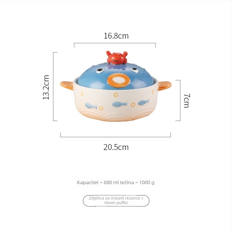 Kreativna keramička zdjela za ramen s poklopcem i stalkom za telefon, dvostruke ručke, za studentske domove.