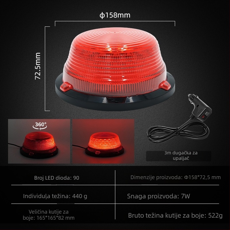 Kružna LED svjetlosna lampica za vozila s magnetskim držačem, snažno treptanje, 7W, 12–80V, 700 lm, LED 2835, PC kućište