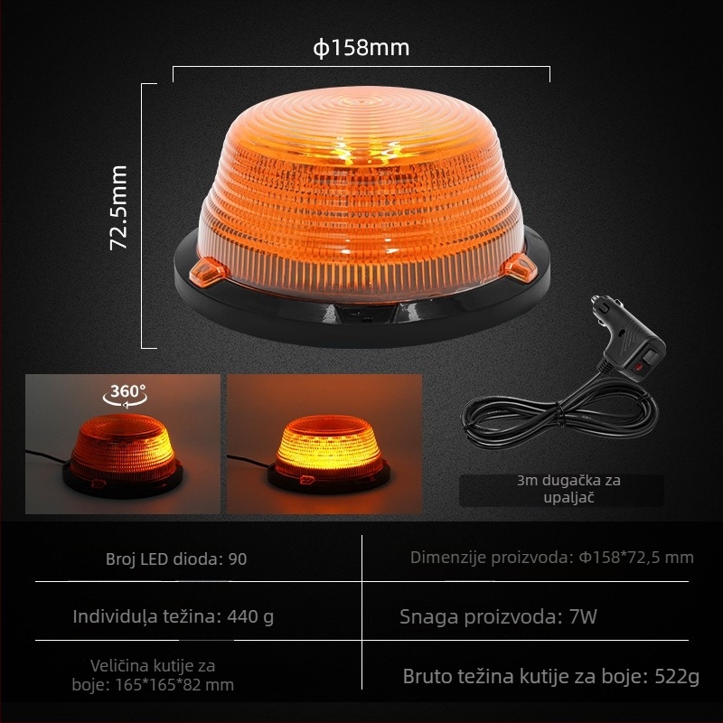 Kružna LED svjetlosna lampica za vozila s magnetskim držačem, snažno treptanje, 7W, 12–80V, 700 lm, LED 2835, PC kućište