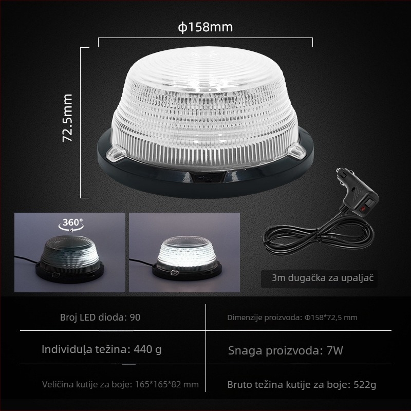 Kružna LED svjetlosna lampica za vozila s magnetskim držačem, snažno treptanje, 7W, 12–80V, 700 lm, LED 2835, PC kućište