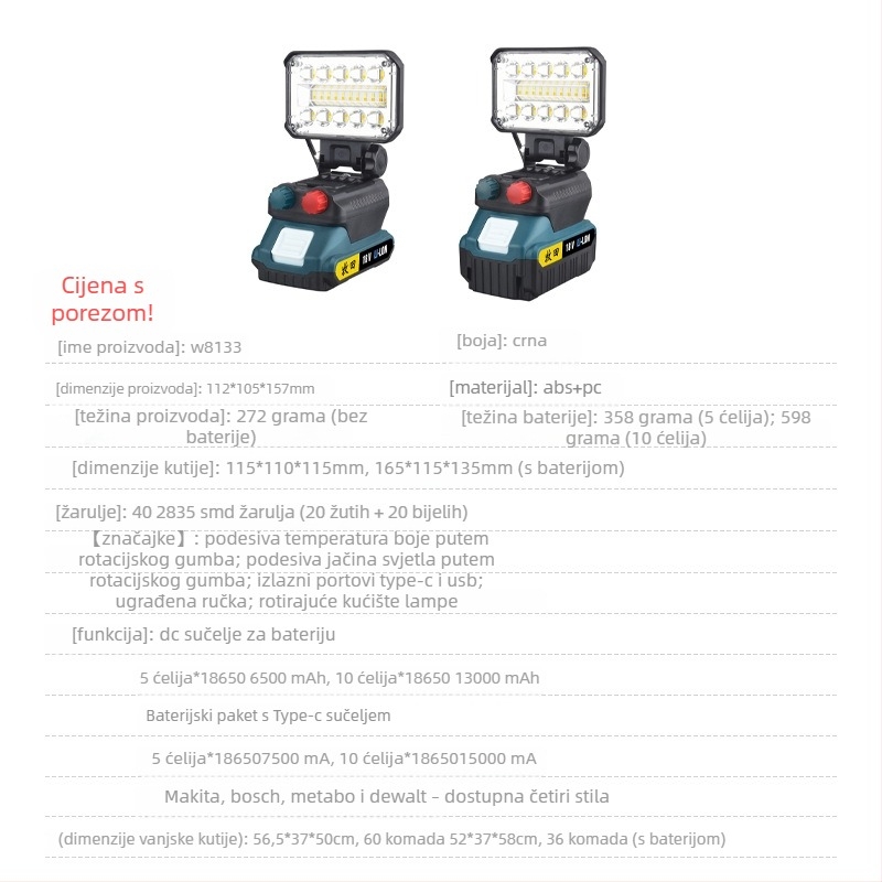 Prijenosni radni LED reflektor s USB punjenjem, 50W, 15000mAh baterija, nužno osvjetljenje, domet do 50 m
