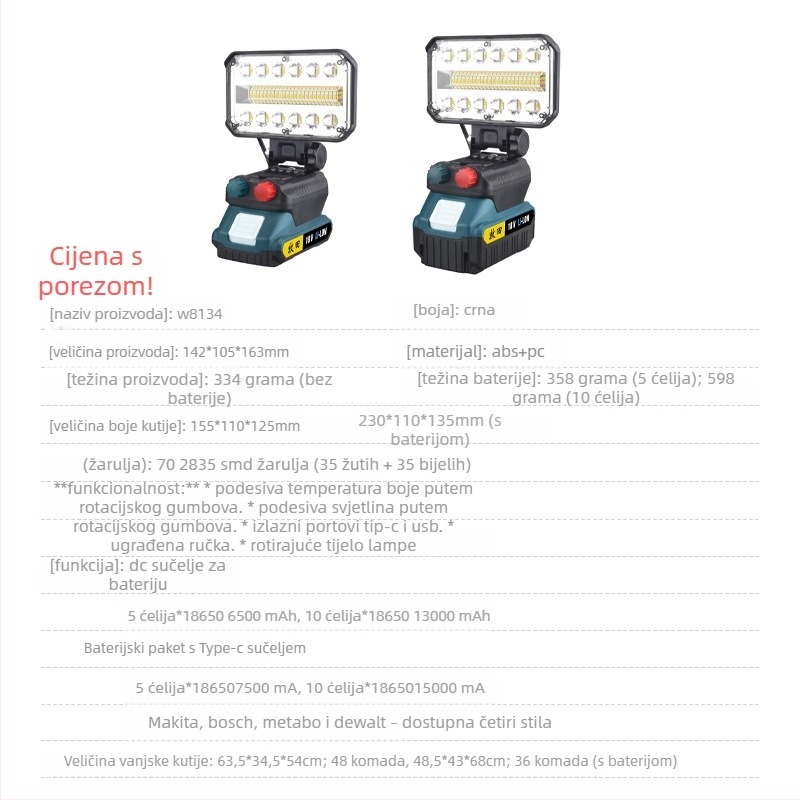 Prijenosni radni LED reflektor s USB punjenjem, 50W, 15000mAh baterija, nužno osvjetljenje, domet do 50 m