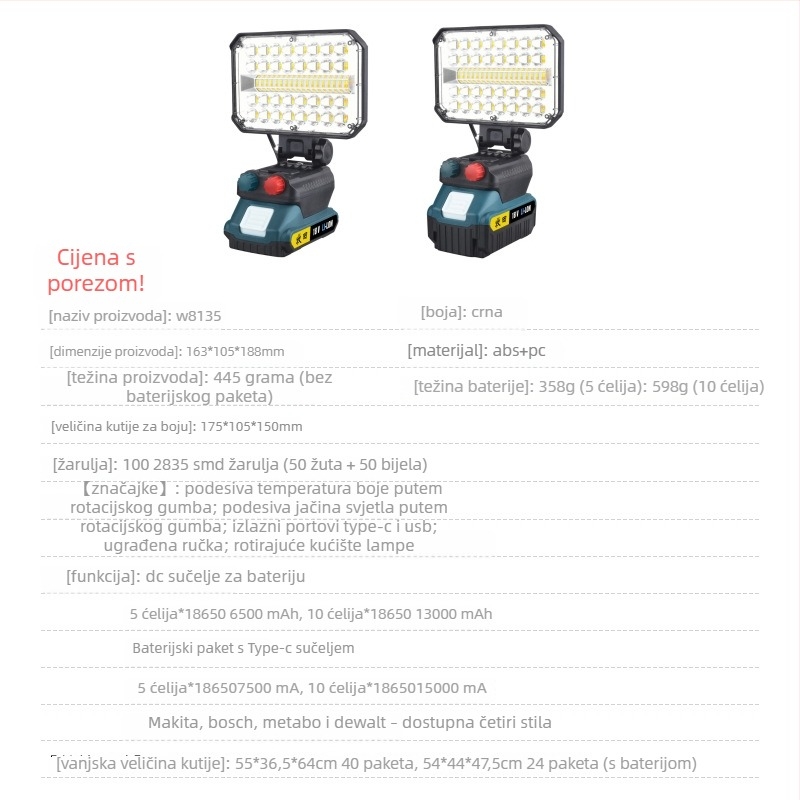 Prijenosni radni LED reflektor s USB punjenjem, 50W, 15000mAh baterija, nužno osvjetljenje, domet do 50 m