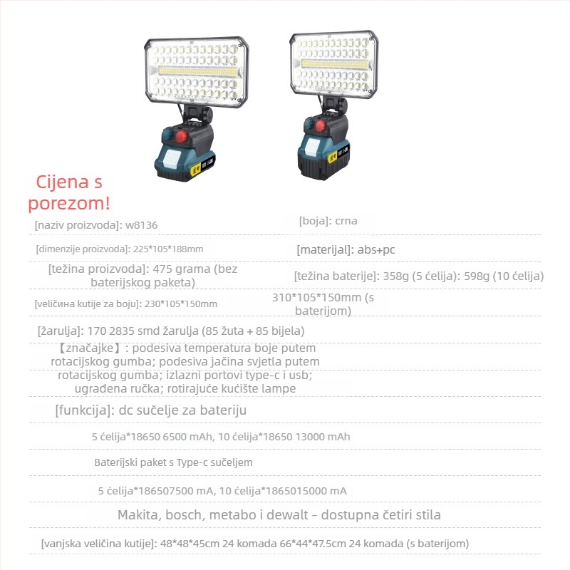 Prijenosni radni LED reflektor s USB punjenjem, 50W, 15000mAh baterija, nužno osvjetljenje, domet do 50 m
