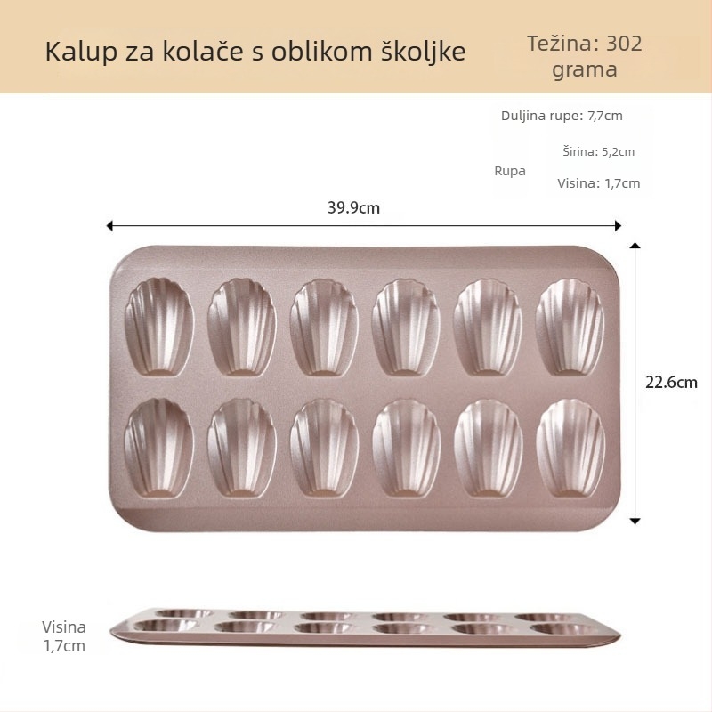 Shunqi Madeleine – Neprijanjajući karbonski čelik, 12 utora, francuski školjkasti kalup za pečenje