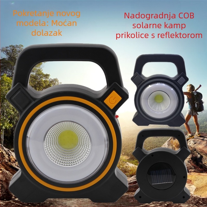 Solarna COB LED kamping lampa s USB punjenjem, prijenosna, viseća, s gumbom