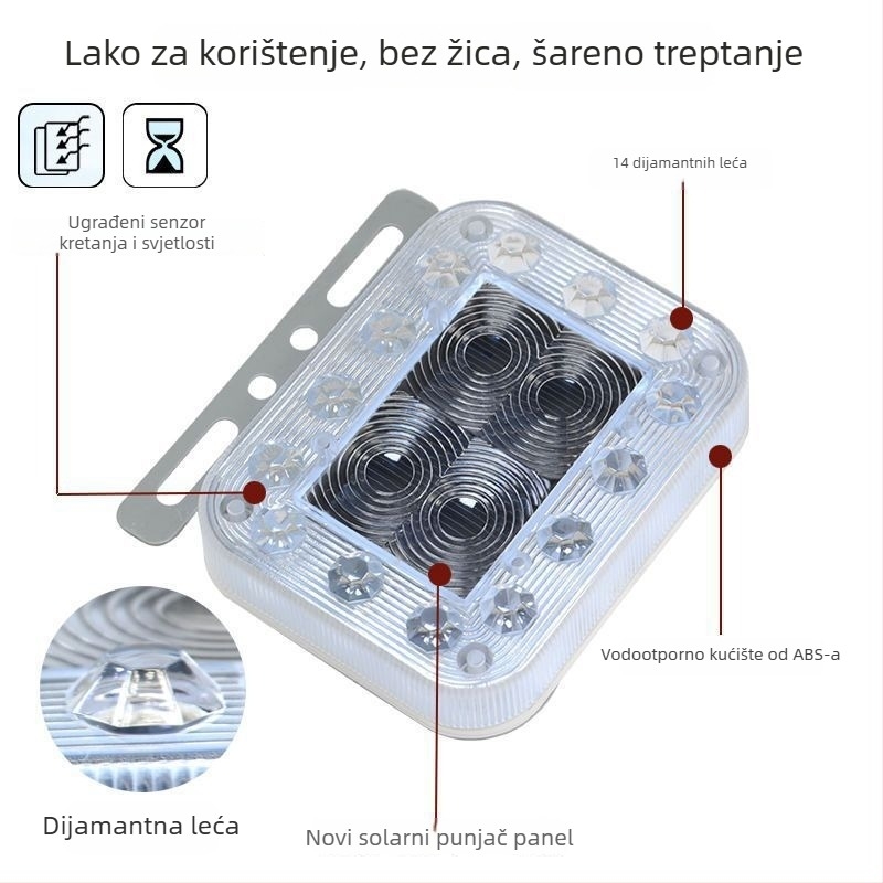 Solarna upozoravajuća strob svjetiljka za vozila, bez žica, sklop žarulje, 220V