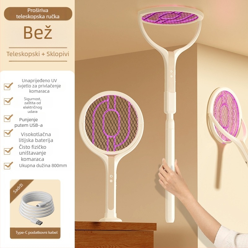 2-u-1 električni ubijač komaraca s UV lampom, ugrađena baterija 1000–1600 mAh, vrijeme punjenja 1–3 sata, pokrivenost do 10 m²