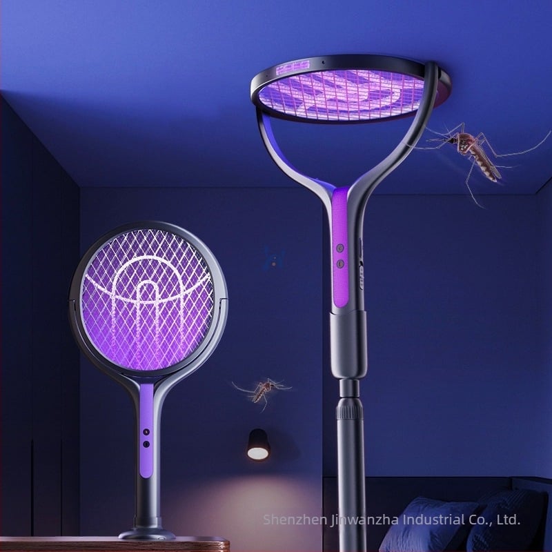 2-u-1 električni ubijač komaraca s teleskopskim nastavkom, USB-ponovno punjiva, 180° okret, mreža od aluminija (UV lampica; ugrađena baterija; pokrivenost do 10 m²)