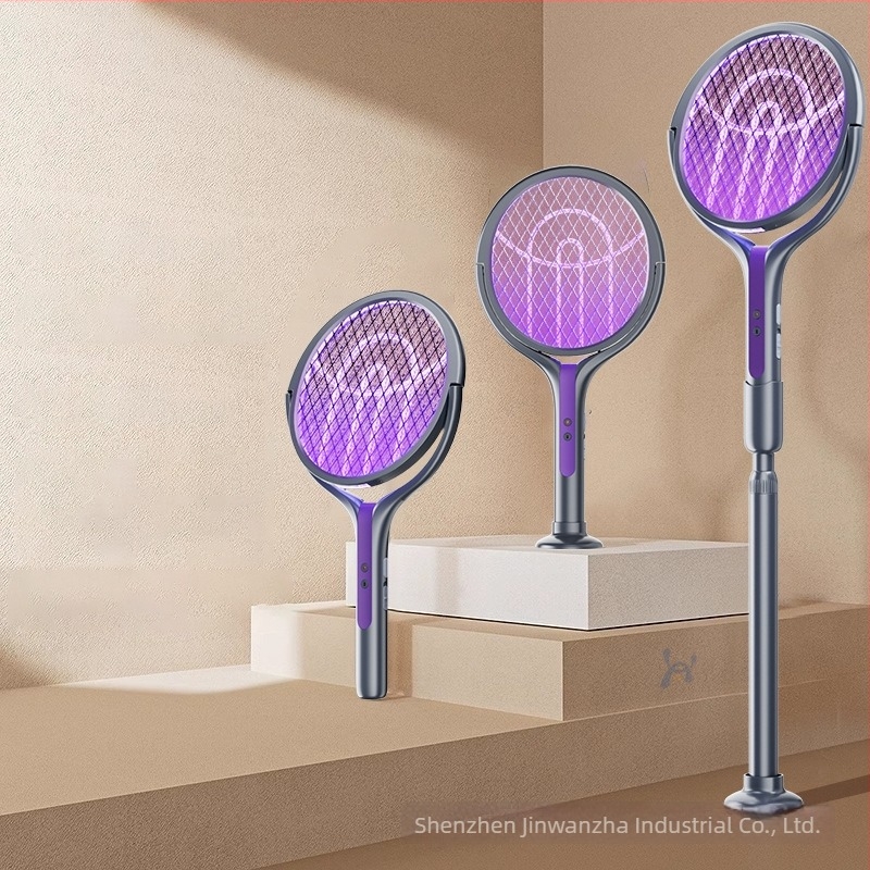 2-u-1 električni ubijač komaraca s teleskopskim nastavkom, USB-ponovno punjiva, 180° okret, mreža od aluminija (UV lampica; ugrađena baterija; pokrivenost do 10 m²)