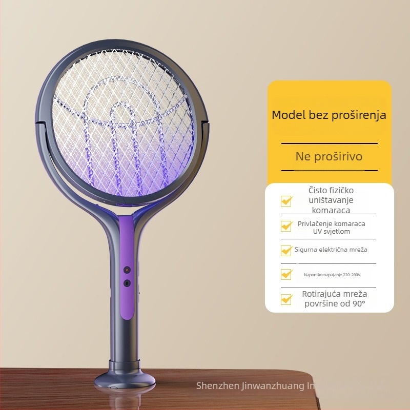 2-u-1 električni ubijač komaraca s teleskopskim nastavkom, USB-ponovno punjiva, 180° okret, mreža od aluminija (UV lampica; ugrađena baterija; pokrivenost do 10 m²)