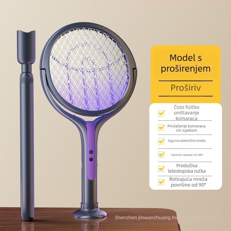 2-u-1 električni ubijač komaraca s teleskopskim nastavkom, USB-ponovno punjiva, 180° okret, mreža od aluminija (UV lampica; ugrađena baterija; pokrivenost do 10 m²)