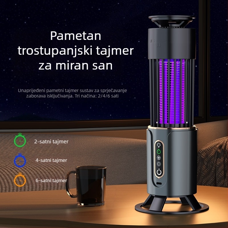 LED-lampa za ubijanje komaraca, pokrivenost 21–30 m², način ubijanja: svjetlosna zamka i električni šok, vrijeme punjenja 1–3 sata, vijek trajanja baterije 8–12 sati
