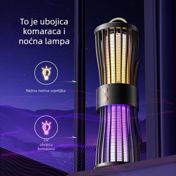 Lampica za ubijanje komaraca električnim šokom, s ugrađenom baterijom 1800mAh, LED svjetlom, za unutarnju i vanjsku upotrebu, domet 11–20 m², punjenje 1–3 h