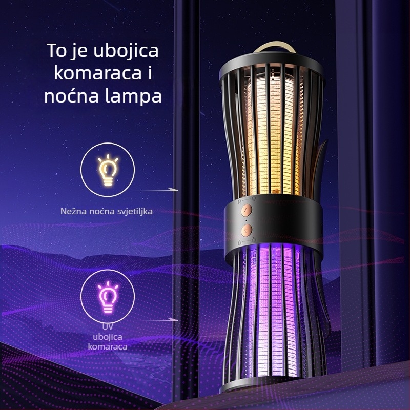 Lampica za ubijanje komaraca električnim šokom, s ugrađenom baterijom 1800mAh, LED svjetlom, za unutarnju i vanjsku upotrebu, domet 11–20 m², punjenje 1–3 h