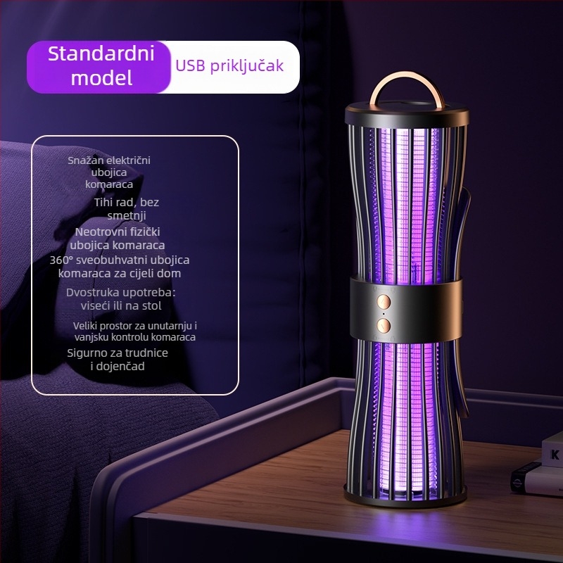 Lampica za ubijanje komaraca električnim šokom, s ugrađenom baterijom 1800mAh, LED svjetlom, za unutarnju i vanjsku upotrebu, domet 11–20 m², punjenje 1–3 h