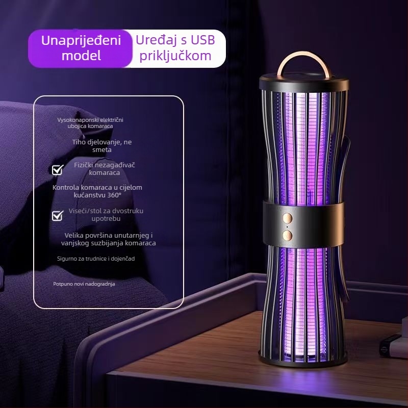 Lampica za ubijanje komaraca električnim šokom, s ugrađenom baterijom 1800mAh, LED svjetlom, za unutarnju i vanjsku upotrebu, domet 11–20 m², punjenje 1–3 h