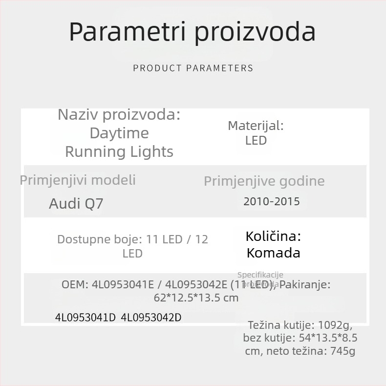 LED dnevne svjetiljke za Audi Q7 (10-15 godina), materijal PC+LED, Modeli 4L0953042e/4L0953041e, Dijelovi 4L0953041d/4L0953042d
