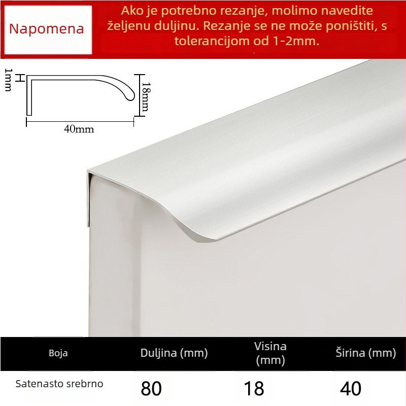 Nevidljiva ručka za vrata ormarića, ugrađeni dizajn, moderni minimalistički stil, model Large arc, aluminijska legura, kovano