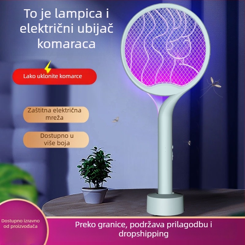 Električna komarac-ubojica 2-u-1 s LED zamkom, ručna s bazom, za površine do 10 m², ugrađena baterija do 500 mAh, punjenje 1–3 h, trajanje do 1 h