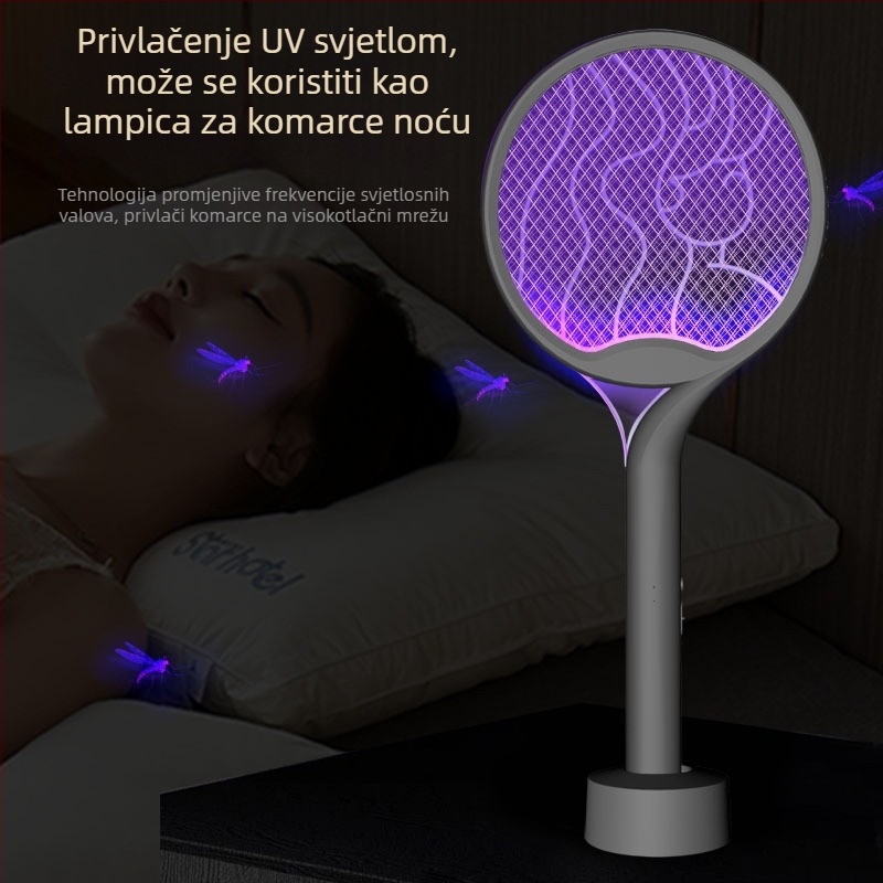 Električna komarac-ubojica 2-u-1 s LED zamkom, ručna s bazom, za površine do 10 m², ugrađena baterija do 500 mAh, punjenje 1–3 h, trajanje do 1 h