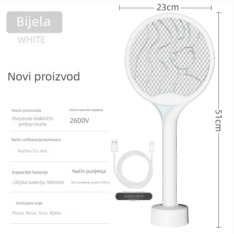 Električna komarac-ubojica 2-u-1 s LED zamkom, ručna s bazom, za površine do 10 m², ugrađena baterija do 500 mAh, punjenje 1–3 h, trajanje do 1 h