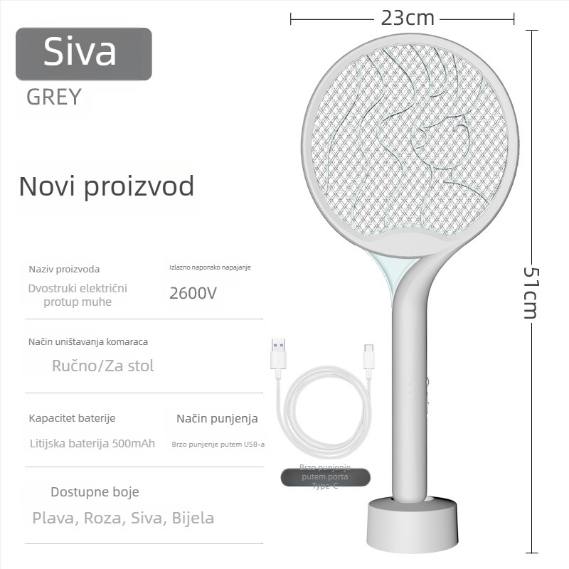 Električna komarac-ubojica 2-u-1 s LED zamkom, ručna s bazom, za površine do 10 m², ugrađena baterija do 500 mAh, punjenje 1–3 h, trajanje do 1 h