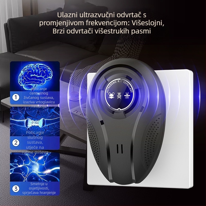 W28 ultrazvučni repelent štetnika – inteligentni promjenjivi frekvencijski režim, učinkovit protiv miševa, komaraca i žohova; 220V, 12–100 kHz, 1.5W, punjiv.