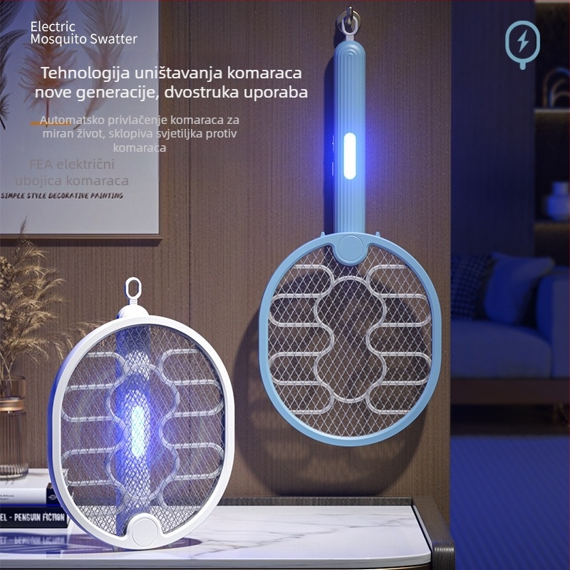 Električna mrežica protiv komaraca s LED svjetlom, aluminijska mreža, ugrađena baterija, vrijeme punjenja 3-5 sati