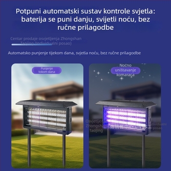 Lampa za ubijanje komaraca – vanjska upotreba, električni šok, UV-A ljubičasto svjetlo privlači, Li-Po baterija 1200–1500 mAh (izvlačiva), pokrivenost 61 m²