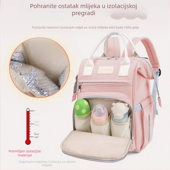 Ruksak za mamu s velikom kapacitetom, višestrukim pretincima i izoliranim skladištem mlijeka, prijenosan i višenamjenski (Materijal: Najlon; Podstava: Poliester; Uzorak: Jednobojni; Kompatibilan s kolica)