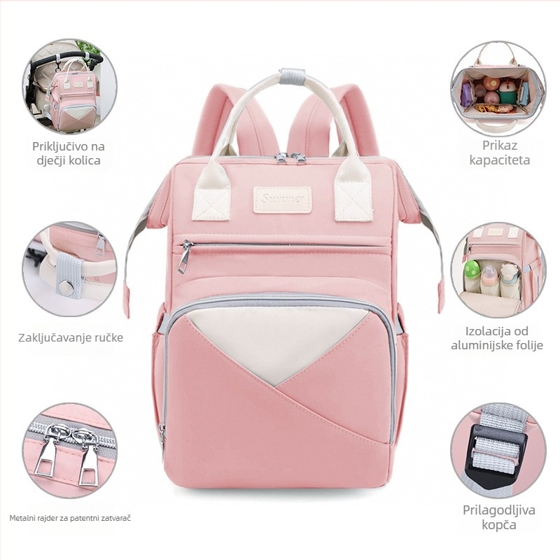 Ruksak za mamu s velikom kapacitetom, višestrukim pretincima i izoliranim skladištem mlijeka, prijenosan i višenamjenski (Materijal: Najlon; Podstava: Poliester; Uzorak: Jednobojni; Kompatibilan s kolica)