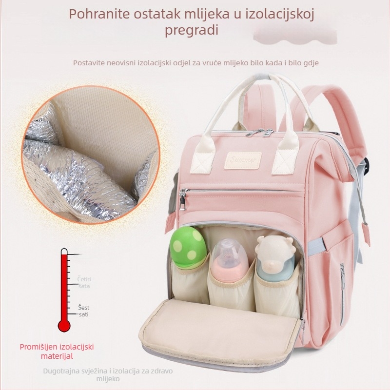Ruksak za mamu s velikom kapacitetom, višestrukim pretincima i izoliranim skladištem mlijeka, prijenosan i višenamjenski (Materijal: Najlon; Podstava: Poliester; Uzorak: Jednobojni; Kompatibilan s kolica)