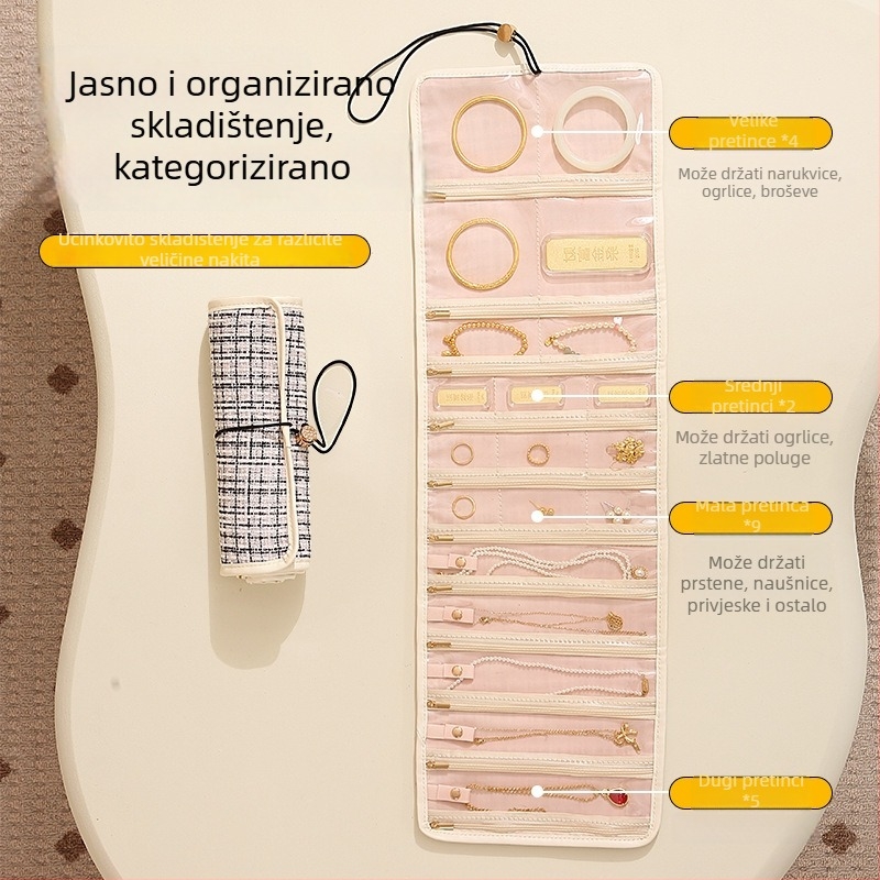 Korejski stil skladišni rol za nakit, prijenosni, otporan na prašinu i vlagu, 8+ pretinaca, putni organizator nakita