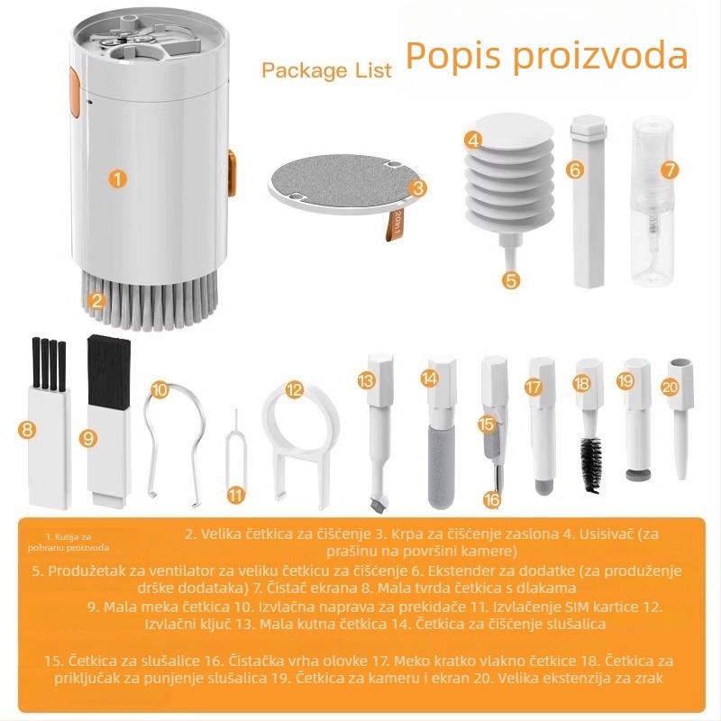 20-u-1 multifunkcionalni set za čišćenje za telefon, tipkovnicu, računalo, slušalice i kameru (plastična konstrukcija • Time brend • uže od visokoelastičnog pamuka • plastična kopča • moguć tisak logotipa)