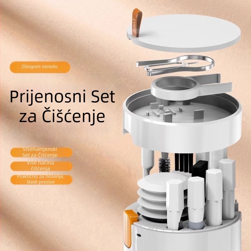 20-u-1 multifunkcionalni set za čišćenje za telefon, tipkovnicu, računalo, slušalice i kameru (plastična konstrukcija • Time brend • uže od visokoelastičnog pamuka • plastična kopča • moguć tisak logotipa)