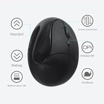 Bežični ergonomski miš za lijevu ruku, 1000 DPI, 6 tipki, USB prijemnik 2,4 GHz, napajan baterijama AA