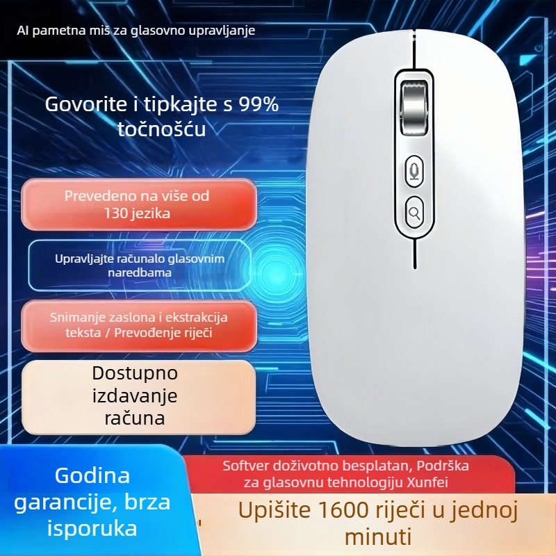 Optički bežični miš s dvostrukim Bluetooth/2.4G načinom, 1600 DPI, 5 tipki, ergonomski, kompatibilan s laptopom, s ugrađenim punjivim izvorom napajanja