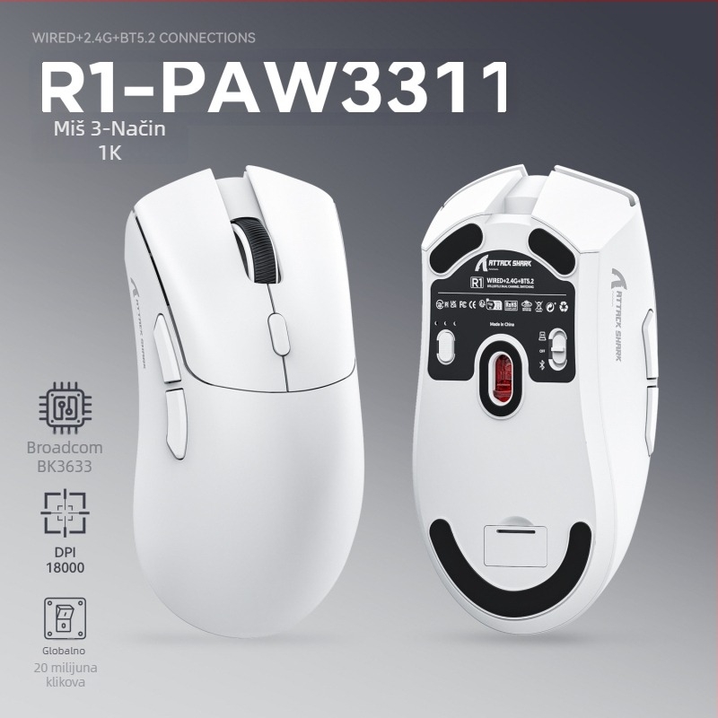 Attack Shark R1 Gaming miš s PAW3311 senzorom, 18000 DPI, 6 tipki, tri načina povezivanja: USB, Bluetooth i bežično