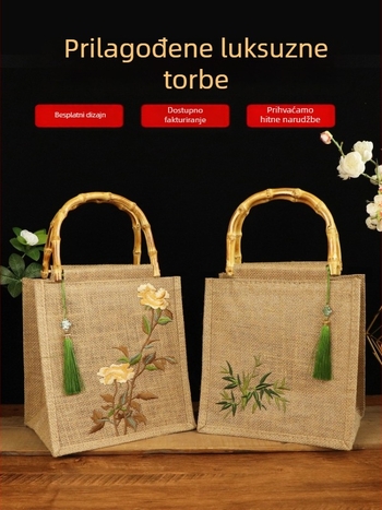 Torba tote u tradicionalnom stilu s vezom od pamuka i lana, bambus drška, konopna podstava, otvoreni vrh