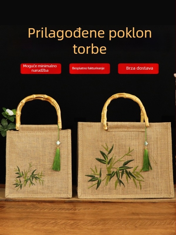 Torba tote u tradicionalnom stilu s vezom od pamuka i lana, bambus drška, konopna podstava, otvoreni vrh