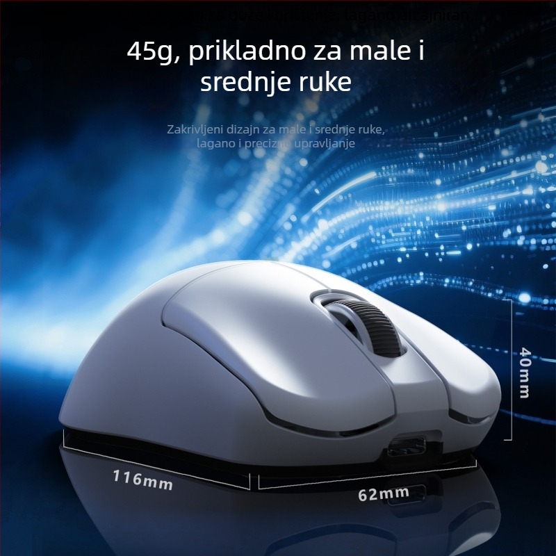 Optička bežična gaming miška s tri načina povezivanja: 2.4G, Bluetooth i punjenje putem kabela; DPI 26000, 6 tipki, težina 40 g