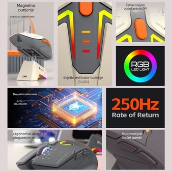 Bežična Bluetooth miška s dualnim režimom rada, RGB osvjetljenjem, 1600 DPI, 7 tipki, USB sučelje, 2.4G+Bluetooth, ugrađena punjiva baterija i baza za punjenje