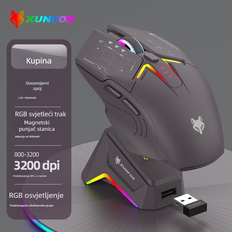 Bežična Bluetooth miška s dualnim režimom rada, RGB osvjetljenjem, 1600 DPI, 7 tipki, USB sučelje, 2.4G+Bluetooth, ugrađena punjiva baterija i baza za punjenje