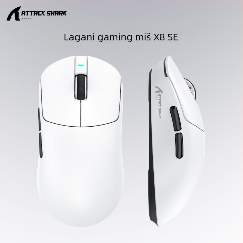 Gaming miš ATTACK SHARK X8SE s tri načina povezivanja: žično, 2.4G i Bluetooth; DPI 22000, 6 tipki, ugrađena punjiva baterija